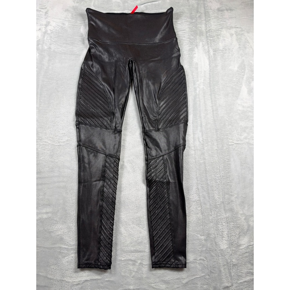 SPANX Faux Leather Moto Leggings Women L Black High Rise Biker 20136R